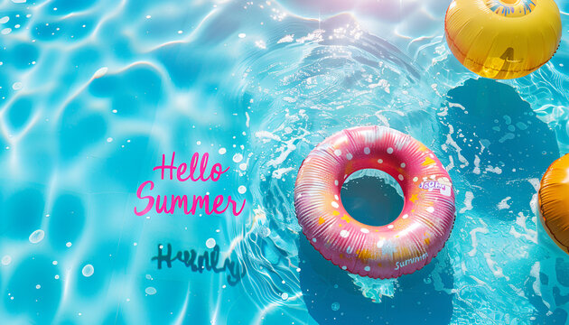 "Hello Summer" text and swimming pool with inflatable ring, topview