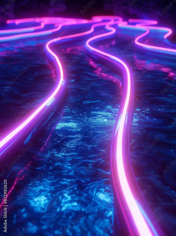 Aufkleber an abstract geometric design with vertical glowing lines isolated on black background. neon light ra