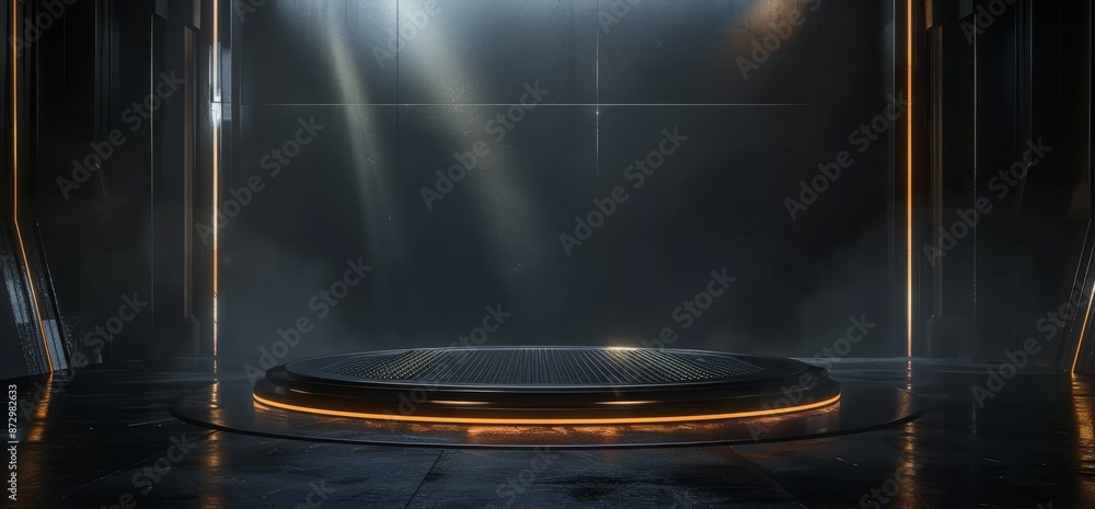 Poster 3d rendering of an empty sci-fi stage podium circle made of concrete and cement, with a futuristic g