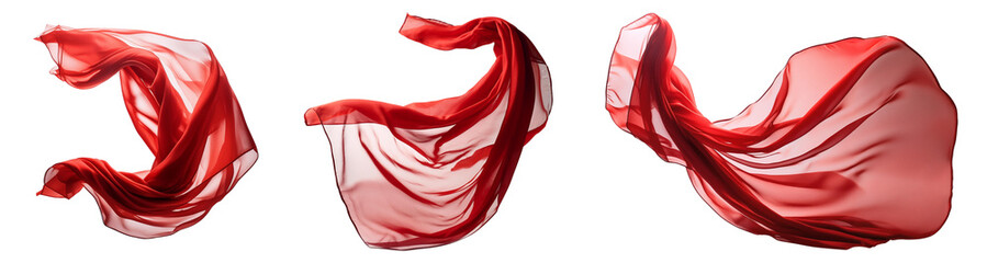 Three elegant red silk scarves float in the wind, cut out.
