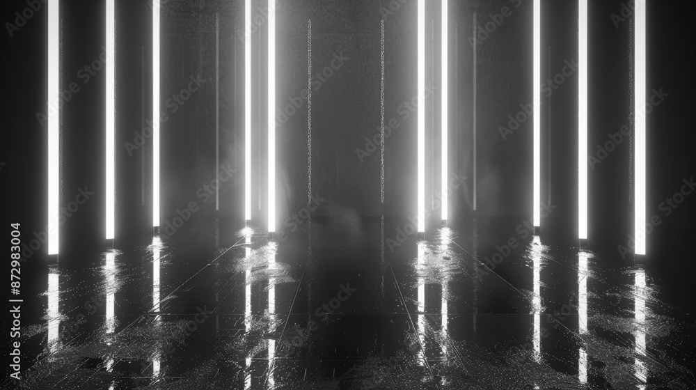 Poster a futuristic sci fi backdrop with white neon lights shining in a concrete room with reflections of e