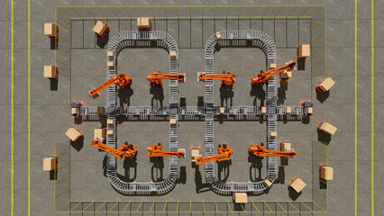Factory 4.0 concept. The cooperation  of Handling robot , AGV (automated guided vehicle) and conveyor system in smart warehouse.3D illustration