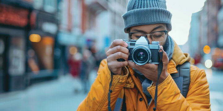 man using camera in street . ai generated