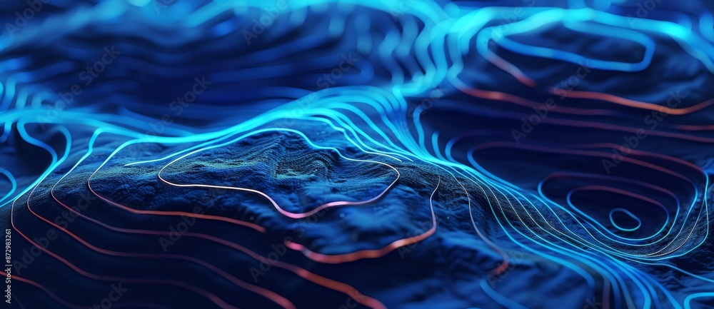 Poster landscape terrain with abstract mountain backdrop in a technological setting.