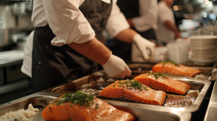The chef cooks salmon in the kitchen with passion and precision, frying the fish until golden brown to emphasize its natural taste and aroma.