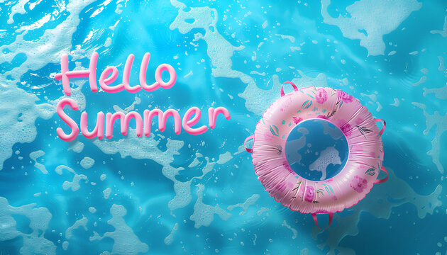 "Hello Summer" text and swimming pool with inflatable ring, topview