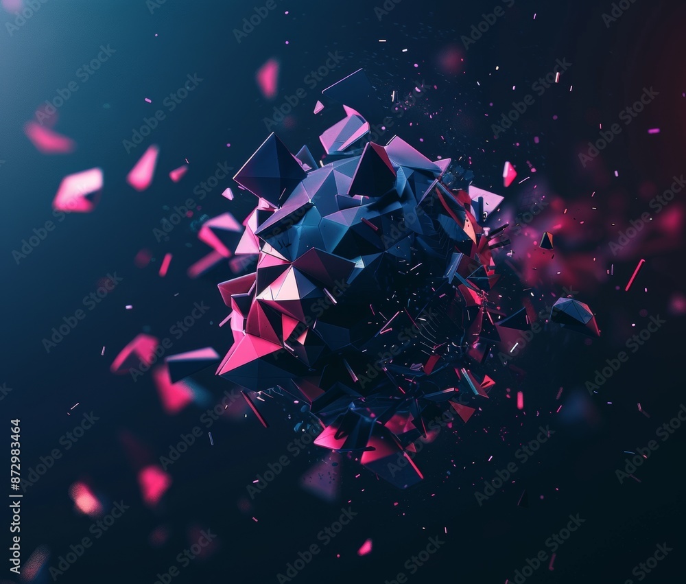 Poster 3d rendering of a low poly sphere with chaotic structure on a sci-fi background. polygonal shape in 