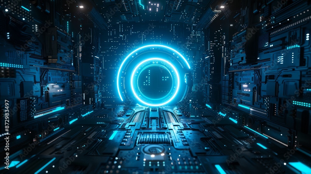 Poster A 3D render of an abstract technology product display background with a glowing sci-fi circle circuit display on a blue dotted data and microchip backdrop.