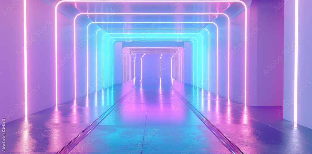 Poster 3d rendering of a futuristic sci-fi tunnel with light corridor on a modern background.