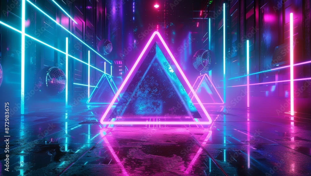 Poster this is a 3d render of neon and light glowing on a dark scene. cyber punk night city concept. nightl