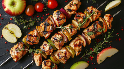 Fototapeta premium Grilled chicken pieces on a stick with apples and various vegetables on a dark background. An appetizing snack, perfect for serving at a party or meeting with friends.