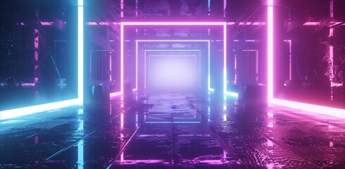 Detailed video of an abstract background game of esports scifi gaming cyberpunk, VR virtual reality simulation, a stand pedestal stage, 3D illustration rendering, and a futuristic neon glow room.