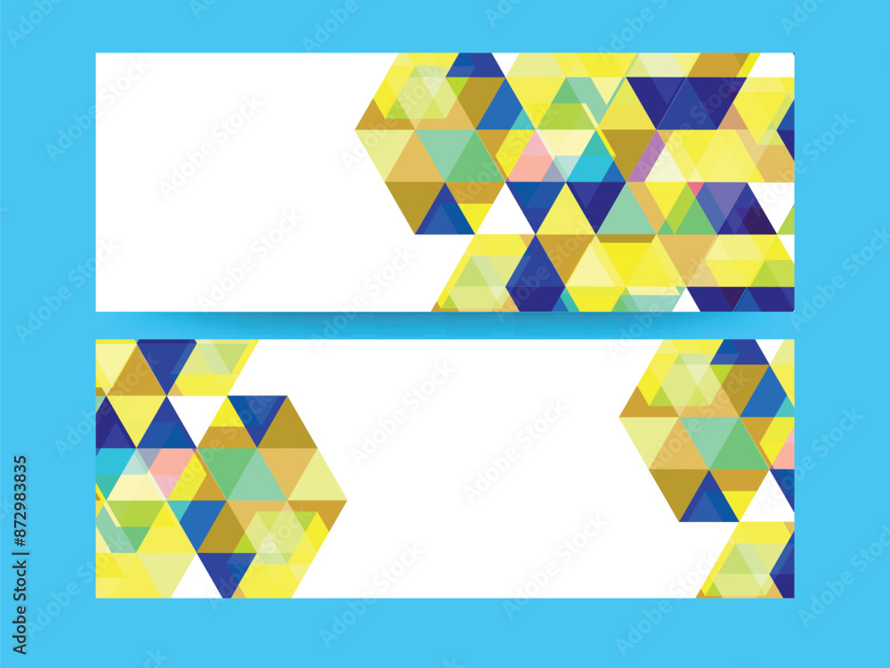 Poster abstract geometric style social media banner or header design with copy space in two options.