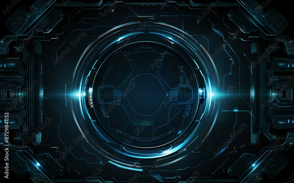 Poster on a technology innovation pattern design background, there is an abstract circle button that is int