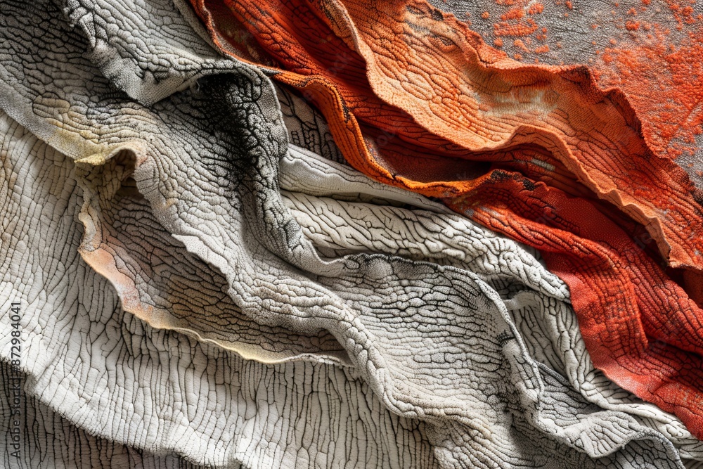 Aufkleber a close-up of an abstract art piece featuring multiple layers of textured material in shades of whit