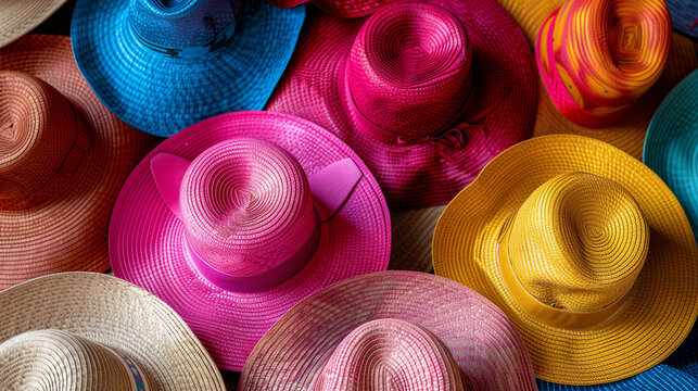 Vibrant summer hats made of straw, perfect for wearing on the beach or on warm summer days, adding color and style to any summer wardrobe.