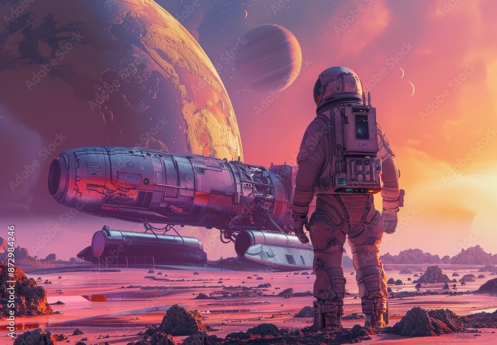 Poster assembling close up astronaut with galaxy gradient sky as background idea for sci-fi theme backgroun