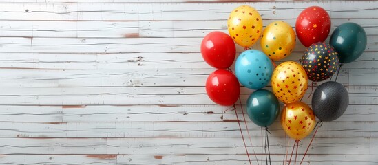 Obraz premium Colorful balloons against white wooden background. Rustic celebration concept with copy space. Design for greeting card, invitation, poster. Banner with copy space