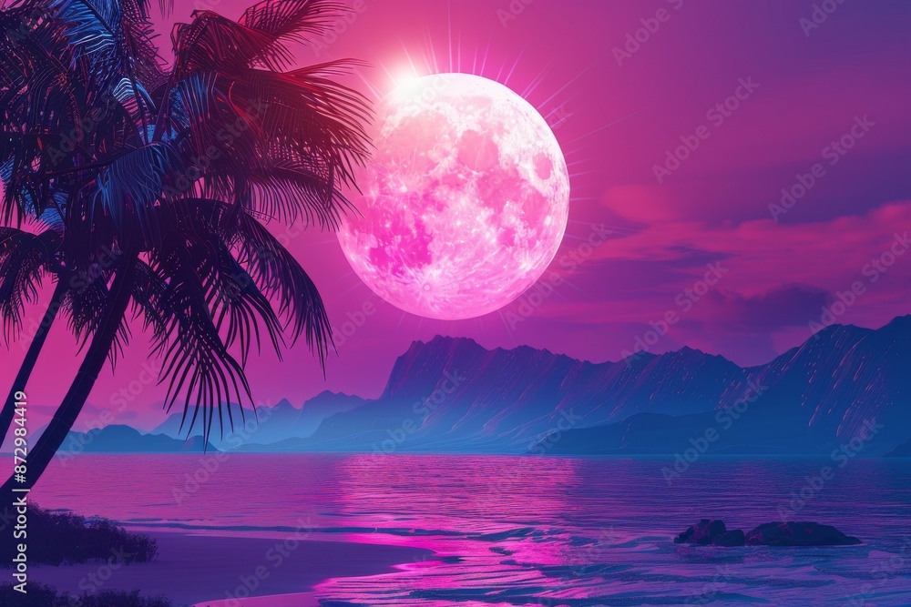 Poster a retro synthwave style sunset at the beach with a super moon behind it, generated by machine learni