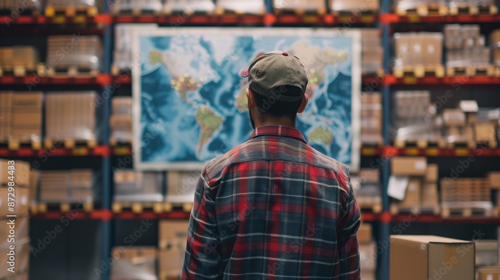 Poster a modern warehouse with a detailed supply chain map displayed on a large screen, showcasing logistic