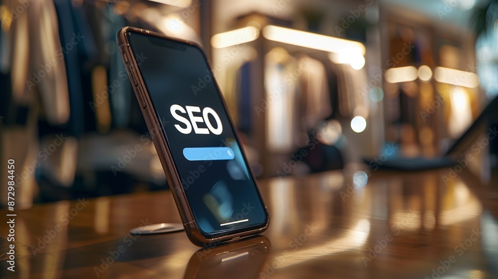 Poster smartphone displaying seo on the screen, representing e-commerce search engine optimization. ideal f