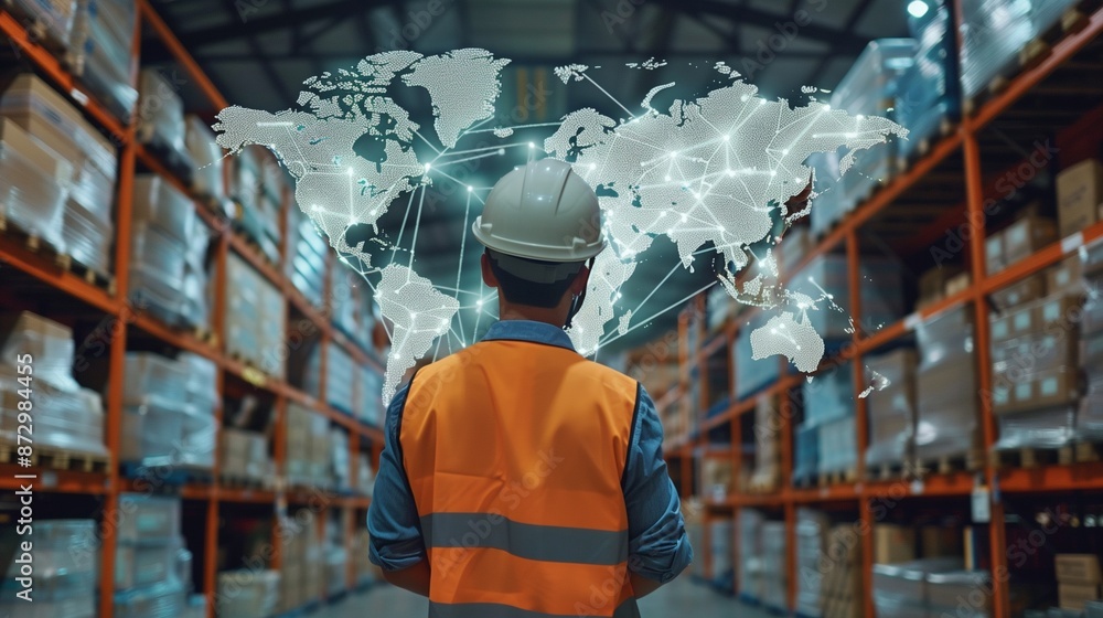 Poster efficient global distribution chain featuring advanced warehouse and logistics solutions for streaml