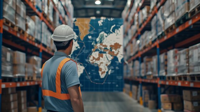 A worker examines a supply chain management map in a warehouse, highlighting international suppliers with pins. The image captures logistics, global trade, and efficient distribution networks.