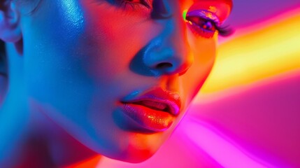Obraz premium High fashion model girl in colorful bright uv lights, creative makeup concept