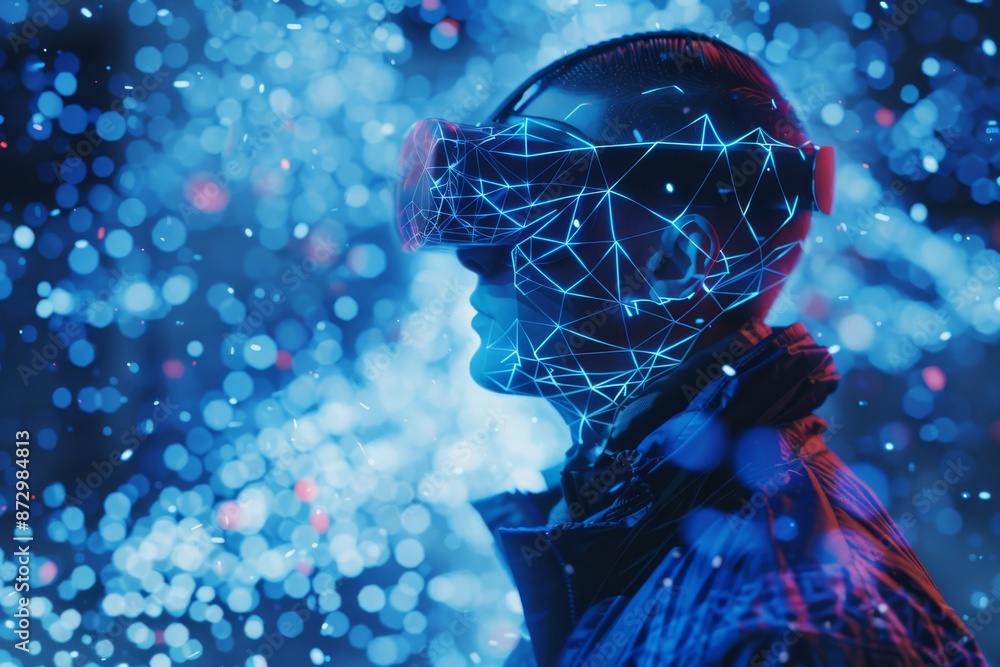Poster stock image of a man wearing a vr headset, surrounded by colorful fields and a surreal world.