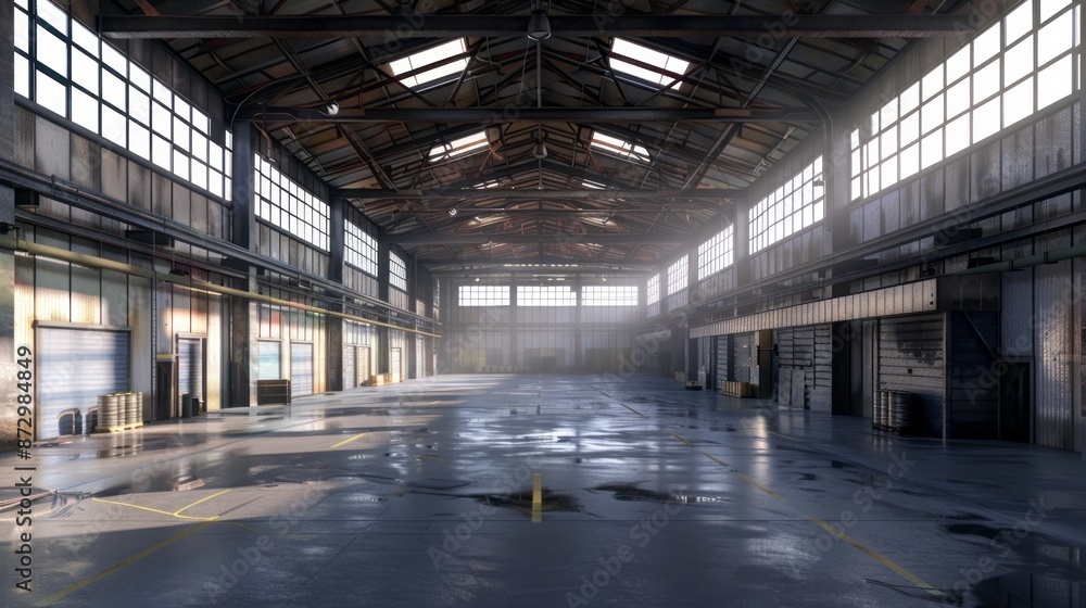 Poster high-tech warehouse with advanced business analytics on laptop: data-driven decision making with rea