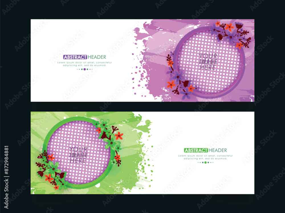 Poster abstract style website banner or header design set with blank floral frame for advertising.