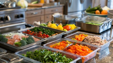 Obraz premium Preparing diabetes-friendly meals in order of eating. They displayed pre-meal boxes containing vegetables, protein and fat.