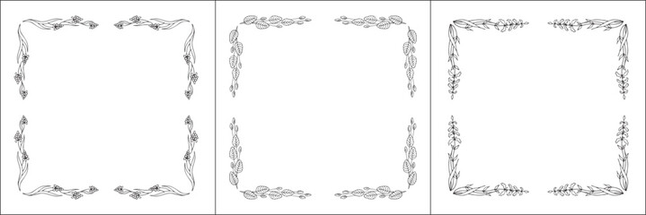 Set of three vegetal vector frames with forest flowers and leaves. Black and white. Vector frame for all sizes and formats. Isolated vector illustration.	
