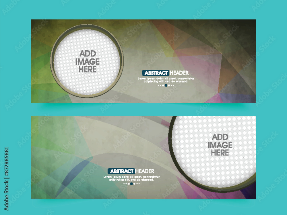 Poster social media banner or header design set in abstract background with space for product image.