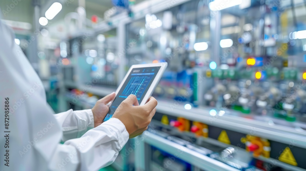 Poster hands holding tablet displaying innovative industrial control interface in front of blurry automatio