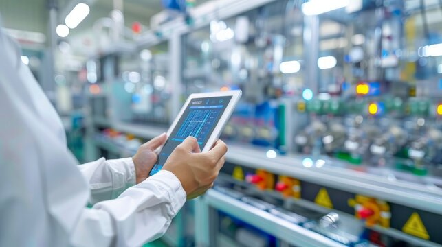 Hands holding tablet displaying innovative industrial control interface in front of blurry automation machine - modern business technology and smart manufacturing solutions concept