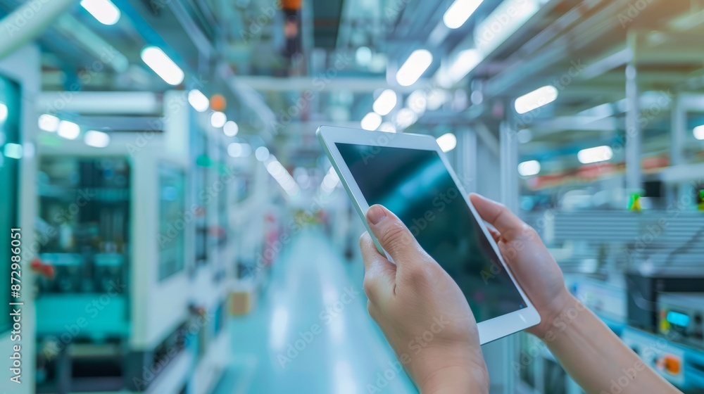 Poster hands holding tablet displaying innovative industrial control interface in front of blurry automatio