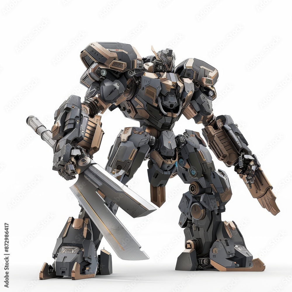 Poster this is a robotic warrior with a large lance in one hand. a science fiction mech in a jumping pose. 