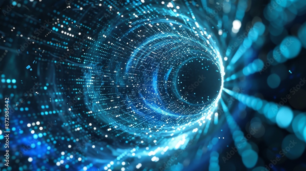 Poster abstract 3d rendering of a blue sci-fi tunnel with digital symbols