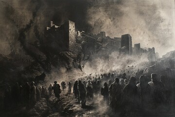  Explore an artistic representation of the biblical plague of darkness, revealing a world plunged into a shadowy abyss where ancient Egyptian symbols faintly emerge amidst the inky blackness