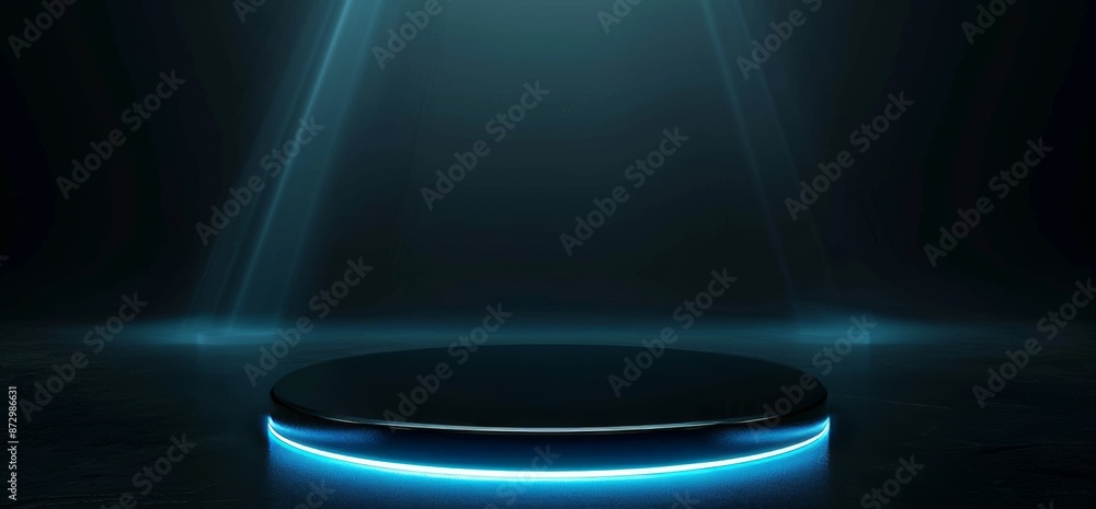 Aufkleber 3d rendering of a sci-fi modern hi tech empty podium in a dark room with neon glowing lines, showcas