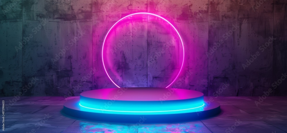 Aufkleber 3d rendering of a neon concept dark sci fi alien grunge concrete room with abstract pink blue purple