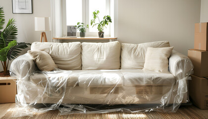 Stylish sofa covered with plastic film and boxes at home. Space for text