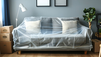 Stylish sofa covered with plastic film and boxes at home. Space for text