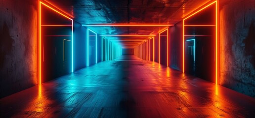 Naklejka premium In neon laser light with bright orange, yellow and blue lights in dark grunge reflected concrete tunnel corridor hall room empty 3d rendering