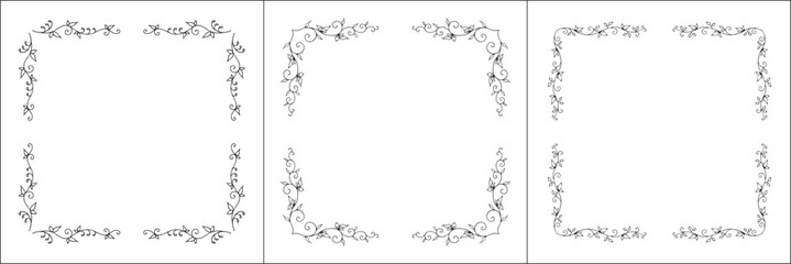 Set of three vegetal vector frames with butterflies and leaves. Black and white. Vector frame for all sizes and formats. Isolated vector illustration.	