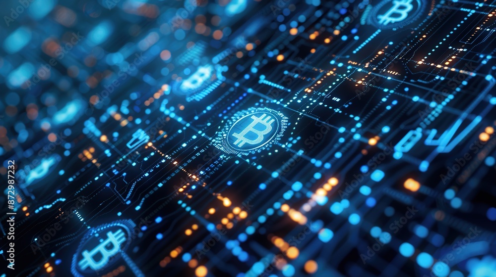 Poster digital currency and blockchain technology concept in blue and black color scheme