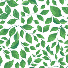 seamless pattern features various shades and shapes of green leaves against a white background. Perfect for nature-themed designs, eco-friendly packaging, and botanical illustrations