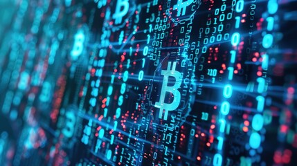 Futuristic Blue and Black Cyber Theme with Currency Icons and Blockchain Graphics