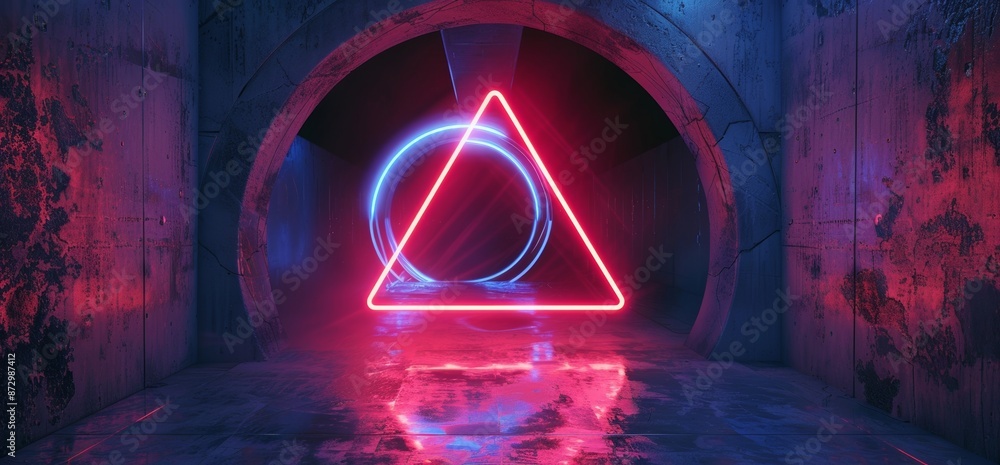 Poster studio sci fi neon glowing triangle sphere circle gate portal gradient purple blue retro alien space